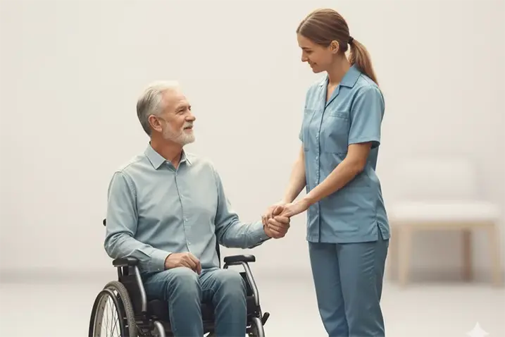Picture of a man in a wheelchair and a carer