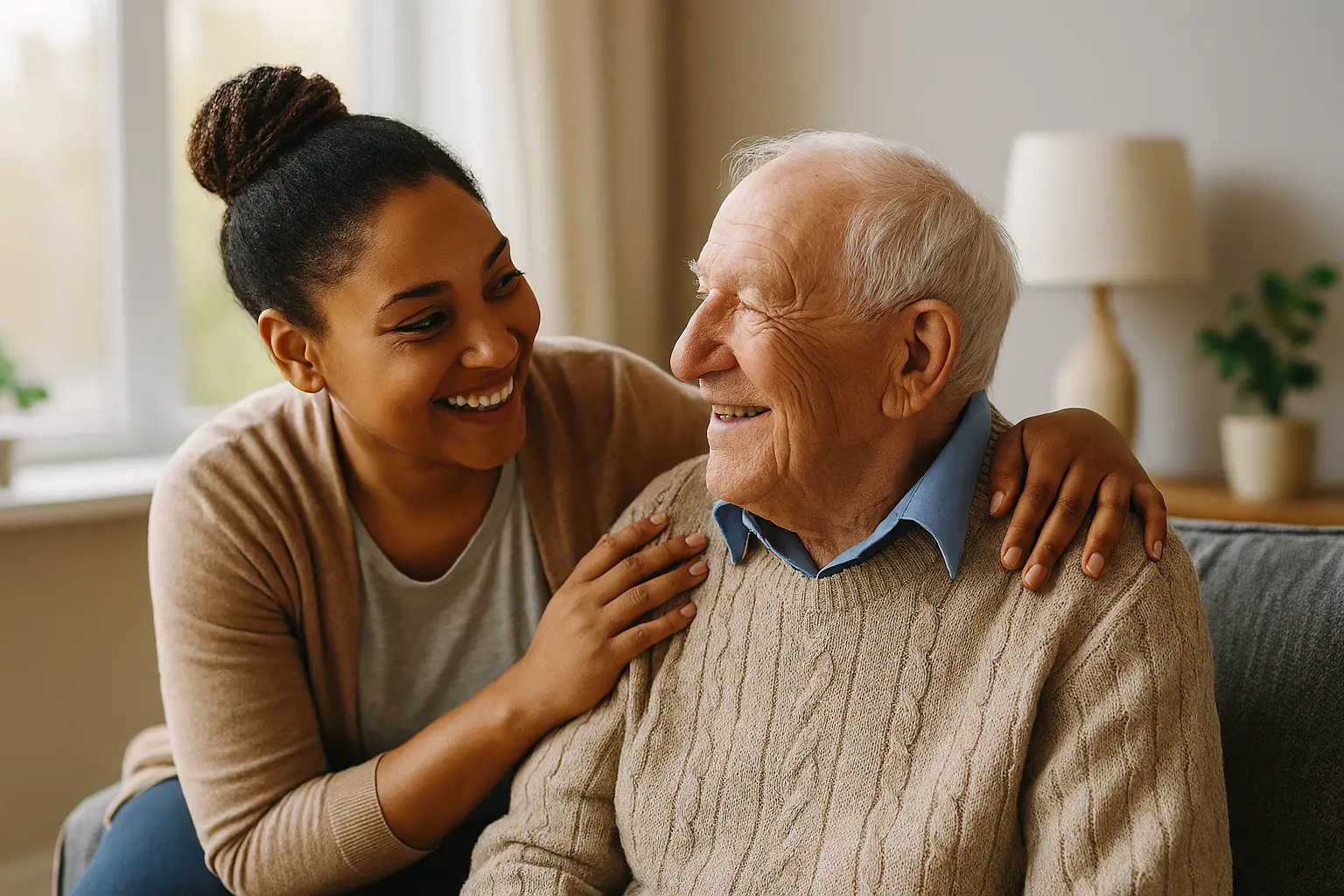 Picture of an elderly man and a young woman supporting him